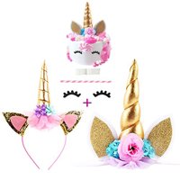 Handmade Gold Unicorn Birthday Cake Toppers Horn, Ears and Flowers Set. Unicorn Party Decoration for Baby Shower, Wedding and Birthday Party