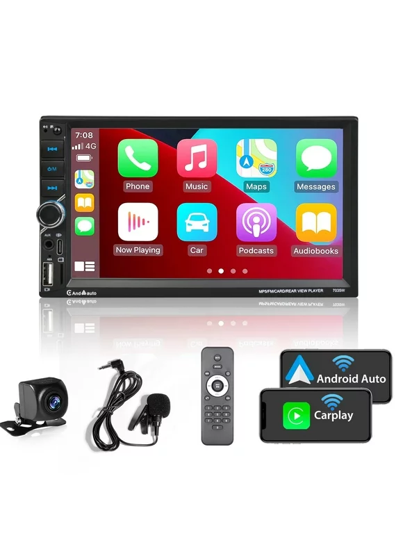 [Wireless] Double Din Car Stereo Compatible with Apple CarPlay Android Auto Bluetooth 7" Touchscreen USB Rear Camera AM/FM Radio