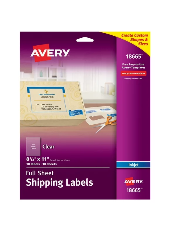 Avery Shipping Labels, Permanent Adhesive, Matte Frosted Clear, 8-1/2" x 11", 10 Labels (18665)