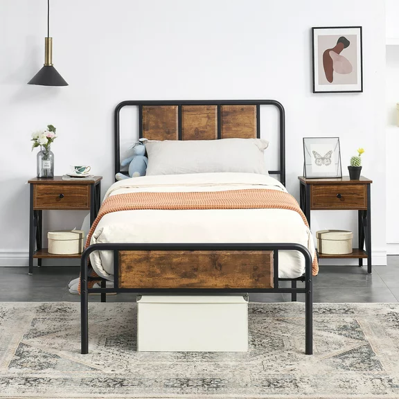3-Piece Bedroom Size with Twin Platform Bed Frame and 2 Brown Nightstands