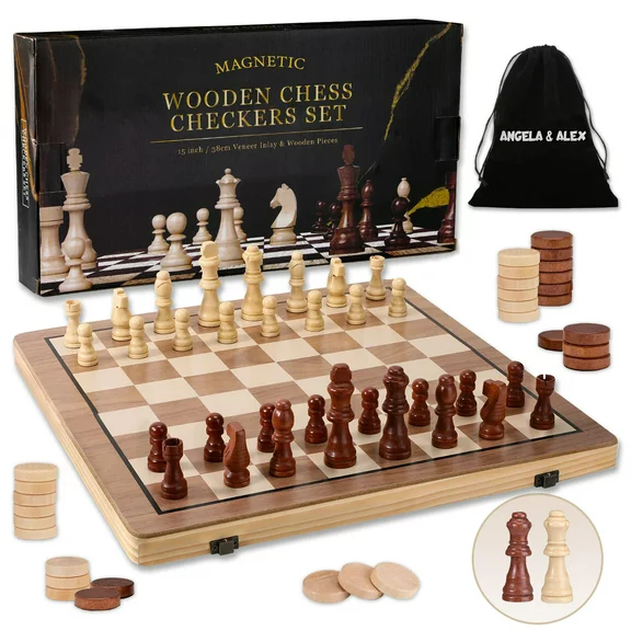 KiddiTouch 15 inch Magnetic Wooden Chess Set 2 in 1 Chess Checkers Folding Board Travel Chess Sets Game for Adults and Kids-2 Extra Queen Pieces