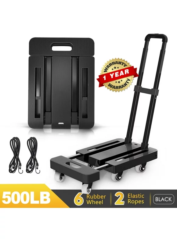 M BUDER Folding Hand Truck, 500 LBS Heavy Duty Dolly Cart, Utility Platform Cart with 6 Wheels for Travel, House, Office, Shopping, Moving Use - Black Folded Size is 11.8 x 17.7