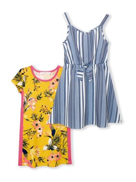 Sunset Sky Girls 7-12 T-Shirt Dress and Tie Front Striped Dress, 2-Pack
