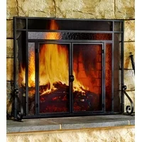 2-Door Steel Fireplace Fire Screen with Tempered Glass Accents, Black