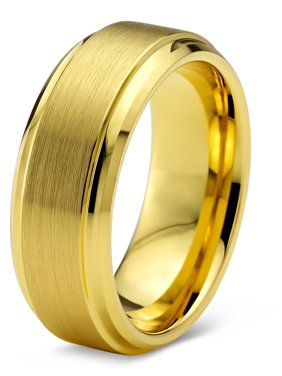 Tungsten Wedding Band Ring 8mm for Men Women Comfort Fit 18K Yellow Gold Plated Step Beveled Edge Brushed Polished Lifetime Guarantee