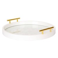kate and laurel caspen round cut out pattern decorative tray with gold metal handles, white
