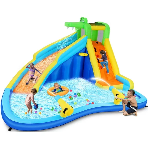 Qhomic Inflatable Water Slide with Spray Pool, 2 Water Guns, Climbing Wall, Basketball Hoop, and Inflatable Bounce House with UL Air Blower, (Gift for Kids), Polyester, Child, Teen, Toddler