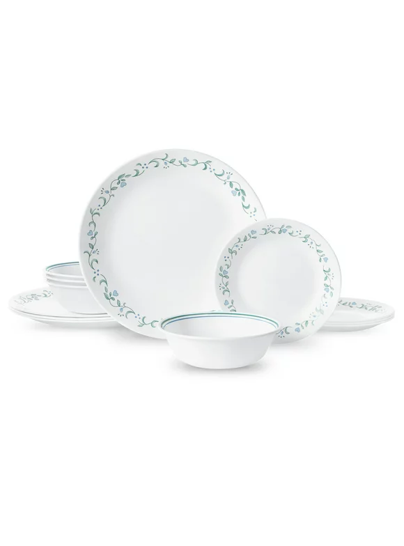 Corelle Country Cottage, White and Green Round 12-Piece Dinnerware Set