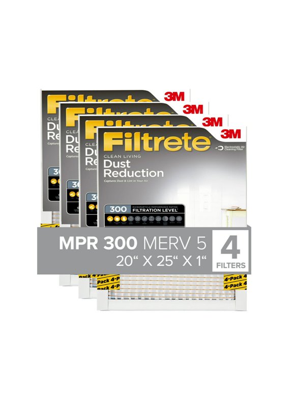 Filtrete 20x25x1 Air Filter, MPR 300 MERV 5, Clean Living Dust Reduction, 4 Filters