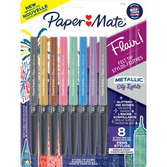 Paper Mate Flair Felt Tip Pens, Medium Point, 0.7mm, Metallic City Lights, 8 Count