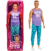 Barbie Ken Fashionistas Doll #165 with Sculpted Brown Hair Wearing Purple Malibu Top, Blue Starred Joggers & White Shoes, Toy for Kids 3 to 8 Years Old