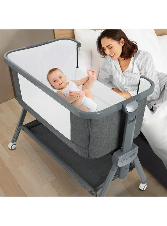 Vomeast Baby Bassinet, Bedside Sleeper, Easy Fold Portable Crib, All Mesh - Grey