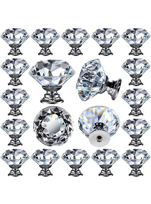 WYN 25 pcs Crystal Glass Knobs Cabinet Drawer Pulls 30 mm Diamond Shape for Kitchen Bathroom Dresser and Cupboard