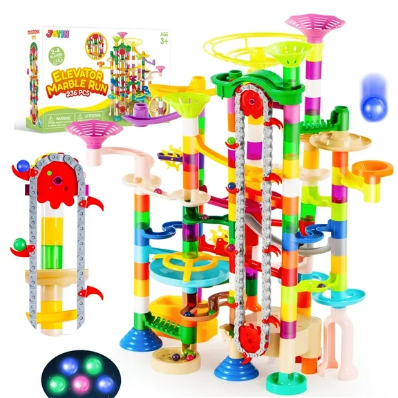 Syncfun 236 Pcs Glowing Marble Run with Motorized Elevator, Construction Building Blocks with 30 Glow in The Dark Marbles, Marble Run Toy Set for Kids Ages 4-8