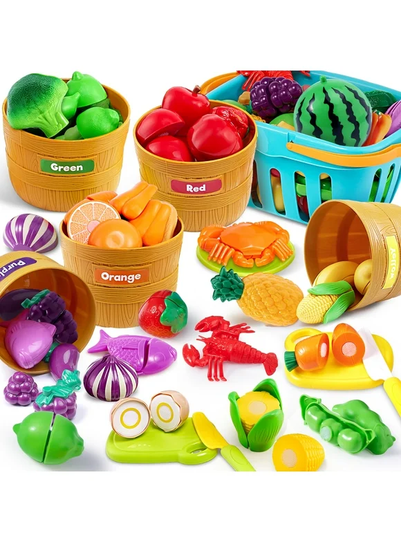 Syncfun Play Food Set for Kids Kitchen, Color Sorting Toy Food for Boys & Girls, Pretend Play Fake Food Toy for Toddlers