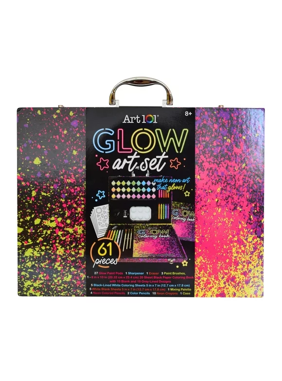 Art 101 Glow and Neon Drawing and Painting Art Set for Children and Adults, 61 Pieces, Multifunctional Set