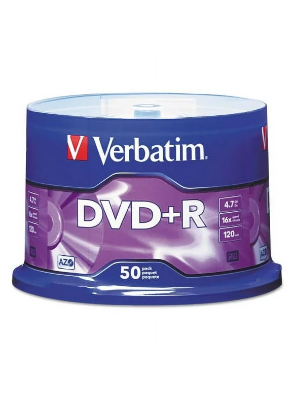 Verbatim DVD+R Blank Discs AZO Dye 4.7GB 16X Recordable Disc - 50 Discs Spindle,Silver