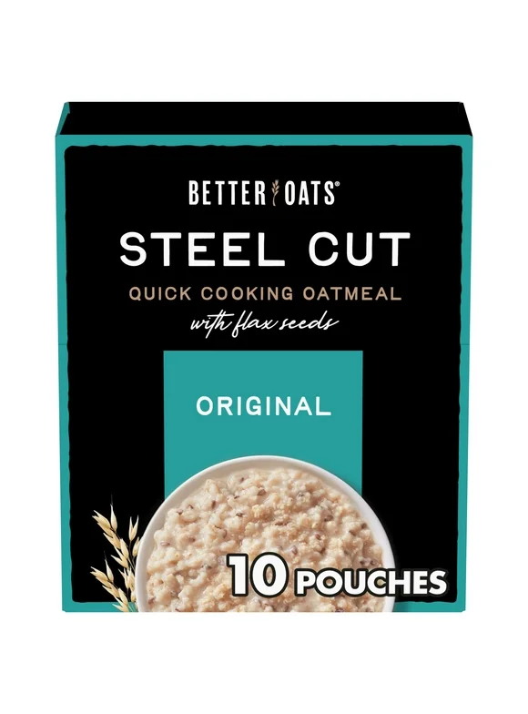 Better Oats Original Steel Cut Oatmeal Packets with Flax Seed, 10 Instant Oatmeal Packets, 11.6 oz Pack