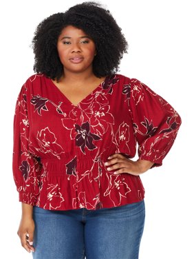 Sofia Jeans by Sofia Vergara Plus Size Print Top with 3/4 Puff Sleeves