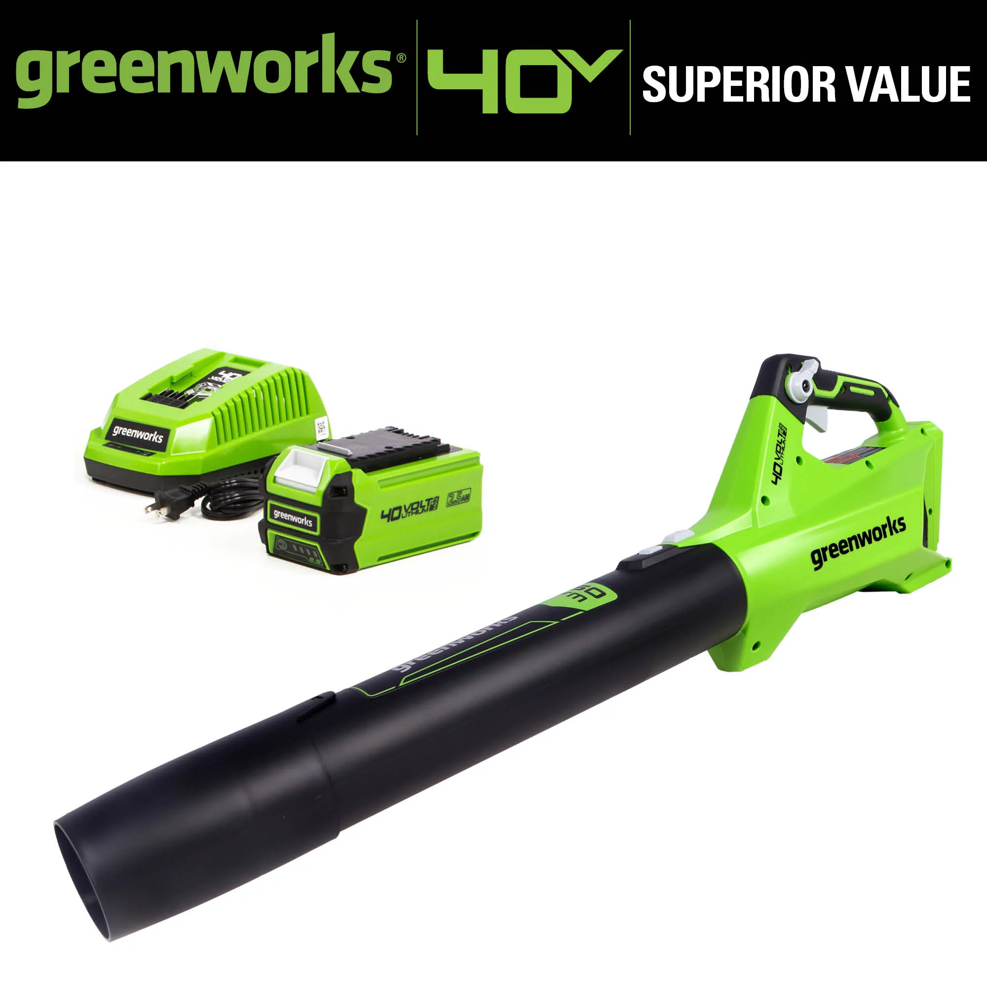 Greenworks 40V 450 CFM Leaf Blower with 2.5 Ah Battery and Quick Charger, 2411902