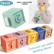 Amerteer 6 Pcs Baby Blocks, Soft Stacking Blocks Baby Toy 6 Months and Up,Toddlers Boys & Girls, Safe Teething Chewing Toys, Squeeze Sensory Toys for Matching Games