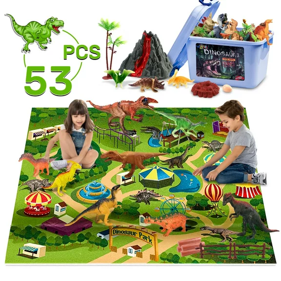 Wisairt Dinosaur Toys for kids,53 PCS Dinosaur Play Set with Activity Play Mat,Dinosaur Figures,Trees, Rocks,Container to Create a Dino World Great Gift for Boys Girls Toddles Ages 3 4 5 6 7 8