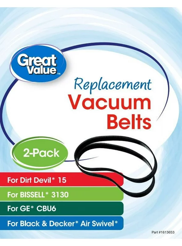 Great Value Replacement Vacuum Belts, For Dirt Devil 15, Bissell 3130, GE CBU6, and Black & Decker Air Swivel, 2 Count