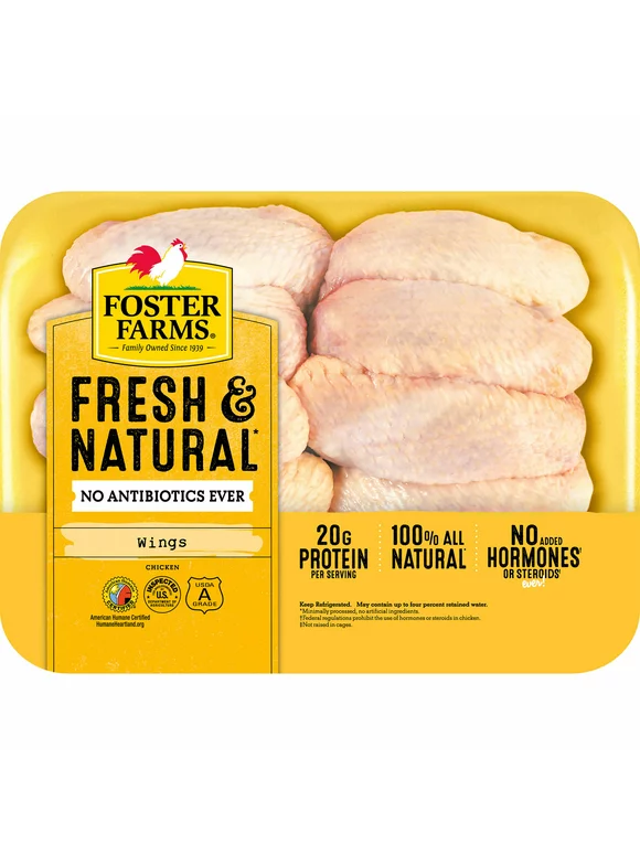 Foster Farms Fresh & Natural Chicken Wings, 20g Protein per 4 oz Serving, 1.6 - 2.75 lb Tray