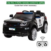 Kids Ride on Car, 12V Battery Powered Electric Police Truck SUV Vehicle w/ 2.4G Remote Control, Siren, Music, LED Headlights, Microphone, Double Open Doors, Safe Seat Belts - (Black)