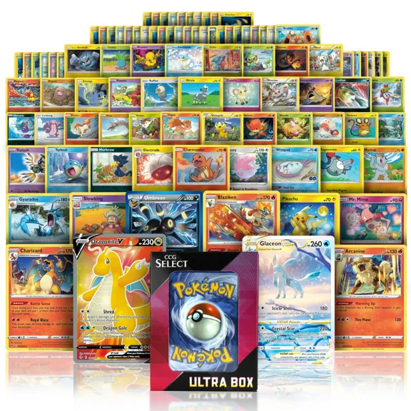 CCG Select 100 Cards, Plus 8 Holos or Rare Cards, Compatible with Pokemon Cards