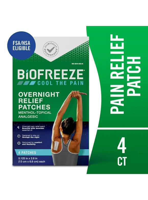 Biofreeze Overnight Pain Relief Patches, for Back Knee Muscle Joint and Arthritis Pain, 4ct Menthol
