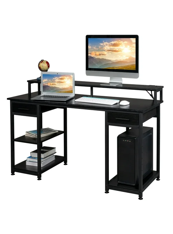 SamyoHome Computer Desk with 2 2 Drawers&3 shelves, 2 Power Outlets&USB, Adjustable Lighted Study Table with Large Desktop for Home&Office, Black