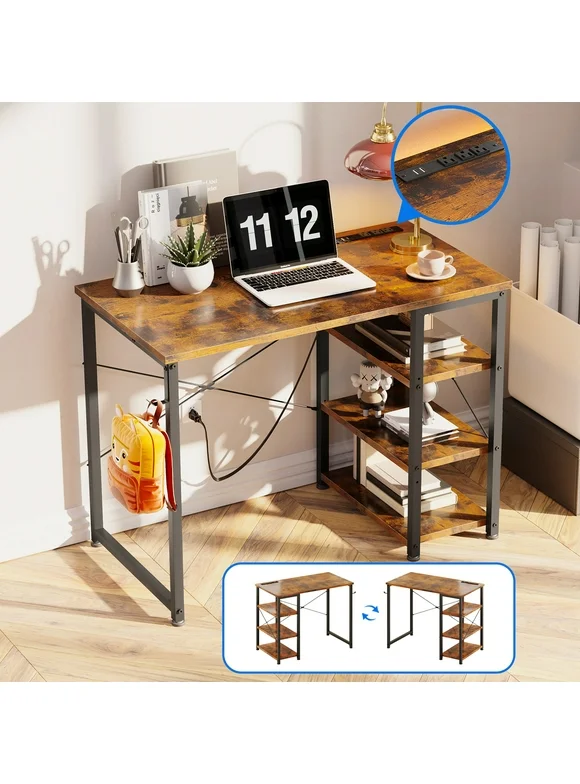 Modern Writing Desk with 3 Tier Shelves for Small Space, Computer Table with Power Outlet & USB Charging Port, Vintage