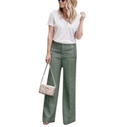 Button Wide Leg Pants for Women Casual Cotton Linen High Waist Palazzo Pants Loose Slacks Trousers S-3XL