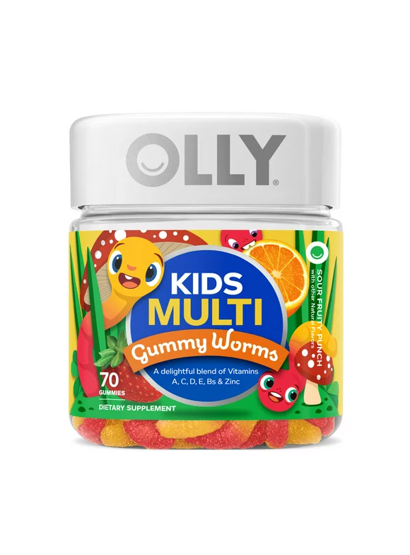 OLLY Kids Multivitamin Gummy Worm Supplement, Vitamins A, C, D, E, Bs & Zinc, Sour Fruit Punch, 70 Ct