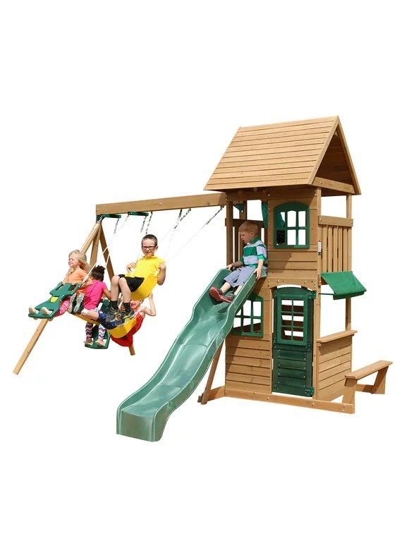 KidKraft Windale Wooden Swing Set / Playset with Clubhouse, Swings, Slide, Shaded Table and Bench
