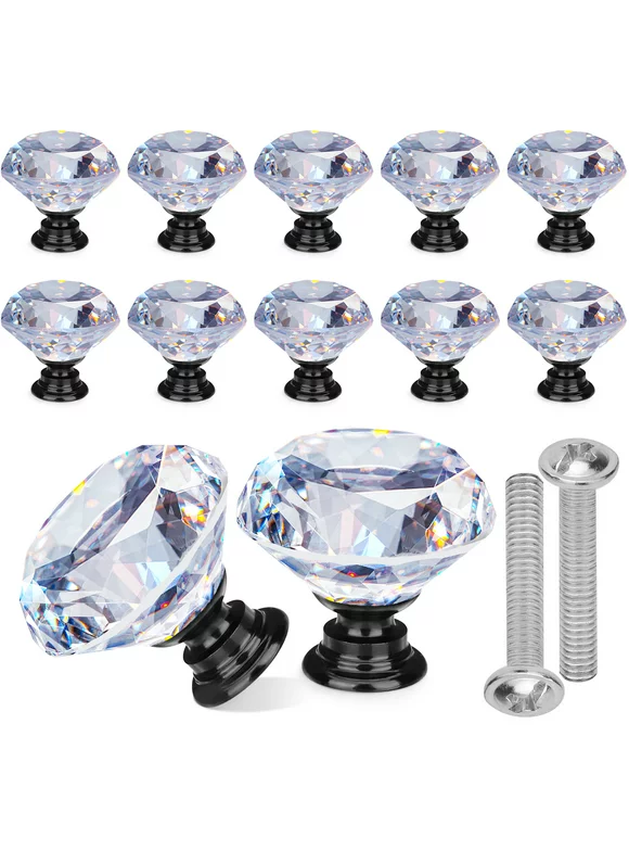 12pcs Crystal Glass Cabinet Knobs, TSV 1.18'' Clear Diamond Knobs Pull Decorative for Kitchen, Bathroom, Drawer, Dresser
