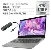 Lenovo IdeaPad 3 15.6" FHD Laptop, 10th Gen Core i3-1005G1 up to 3.40 GHz, 8GB RAM, 256GB SSD, WebCam, WiFi, BT, HDMI, USB 3.0, 1920x1080, Myrtix Ethernet Hub, Win 10