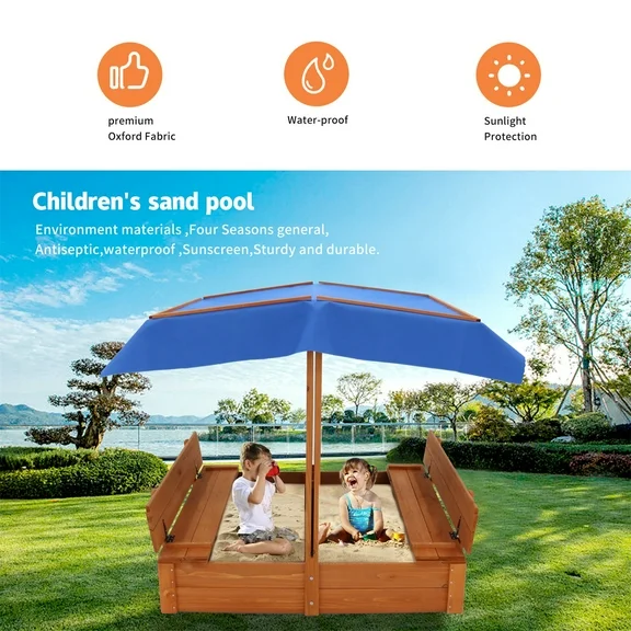 CIPACHO Wood Sandbox with Cover and 2 Built-in Bench Seats for Aged 3-8 Years Old, Sand Boxes for Backyard Garden, Sand Pit for Beach Patio Outdoor, Brown