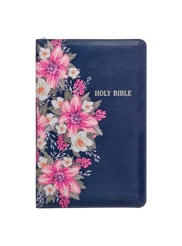 KJV Holy Bible Standard Size Faux Leather Red Letter Edition Thumb Index & Ribbon Marker, King James Version, Blue Floral, Zipper Closure (Other)