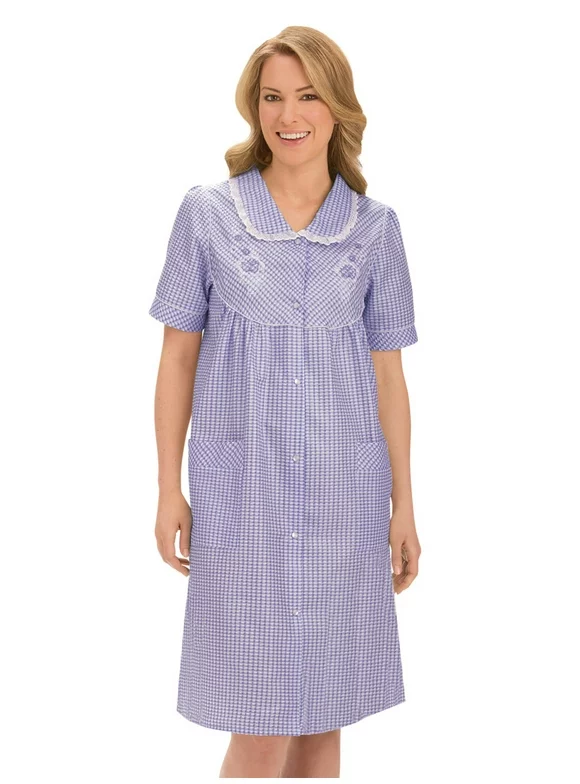 Collections Etc Collections Women's Etc. Gingham Women's Robe with Floral Accents, Snap-Front Closure and Lace Trim, Lilac, Large