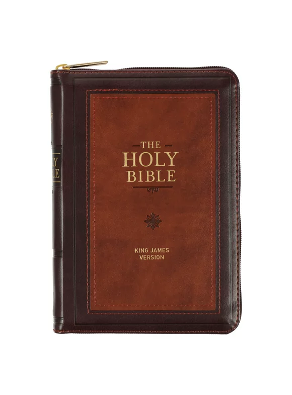 KJV Holy Bible, Compact Faux Leather Red Letter Edition - Ribbon Marker, King James Version, Burgundy/Saddle Tan, Zipper Closure