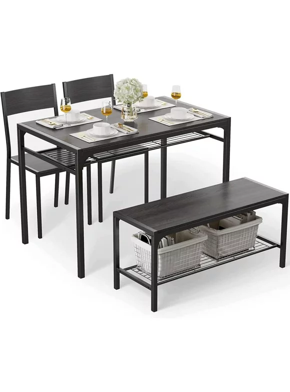 Lofka Dining Table Set for 4, Kitchen Table Set with Storage Rack, 1 Bench & 2 Chairs, Black