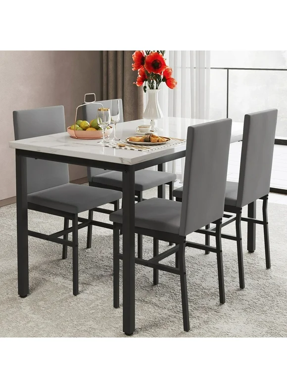 5 Piece Dining Room Table Set, Dining Table Sets with Gray Velvet Upholstered Chairs for 4, White Tabletop Kitchen Table Set with Metal Frame for Home, Kitchen, Living Room, Restaurant, L802
