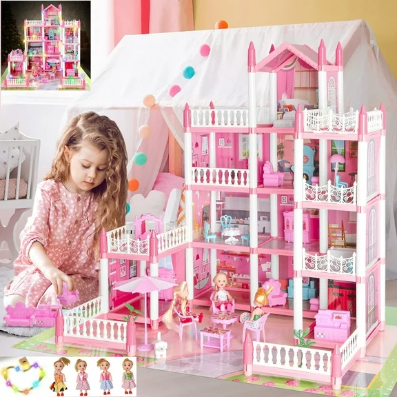 SEREE Doll House for Girls - 4-Story 11 Rooms Playhouse with 4 Dolls Toy Figures, Princess Dreamhouse with Furniture & Rooms Accessories & Light Strip, Christmas Gift Toy for Kids Ages 3 4 5 6 7 8 