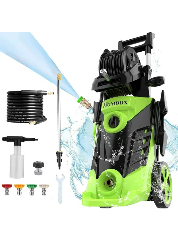 Homdox Portable Pressure Washer with Hose Reel, 1800W/1.7 GPM Electric Power Washer, Small Pressure Washer with Detergent Bottle, 4 Nozzles for Outdoor Cleaning, Car/Garden/Patio WashGreen