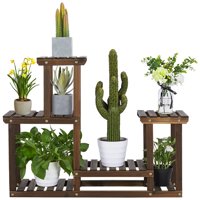 SmileMart 4 Tier Wood Plant Stand Tiered Flower Display Stand 6 Potted Plants for Indoors/Outdoors Brown
