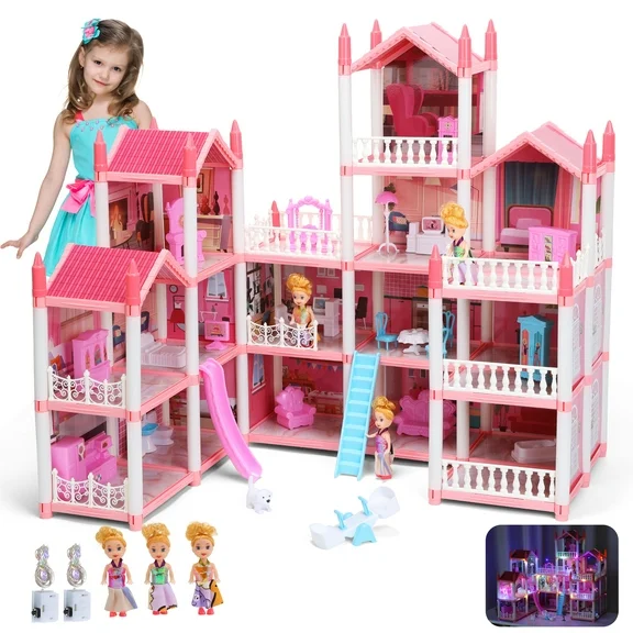16 Rooms Huge Dollhouse, Dream House with Furniture and Accessories,With Colorful Light And 3 Dolls,Dreamhouse Gift for 4 5 6 7 Girls,Pink