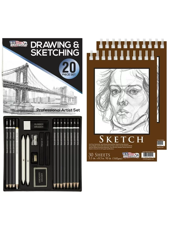 20 Piece Artist Sketch Set in Hard Storage Case - Sketch & Charcoal Pencils, Bonus Pack of 2-5.5" x 8.5" Sketch Pads