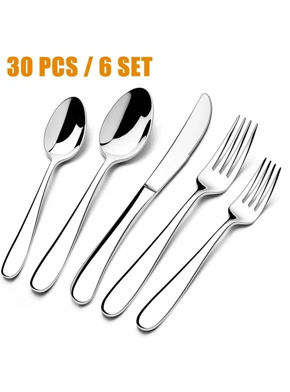 30 Pieces Silverware Set with Serving Set, Stainless Steel Modern Flatware, Service for 6